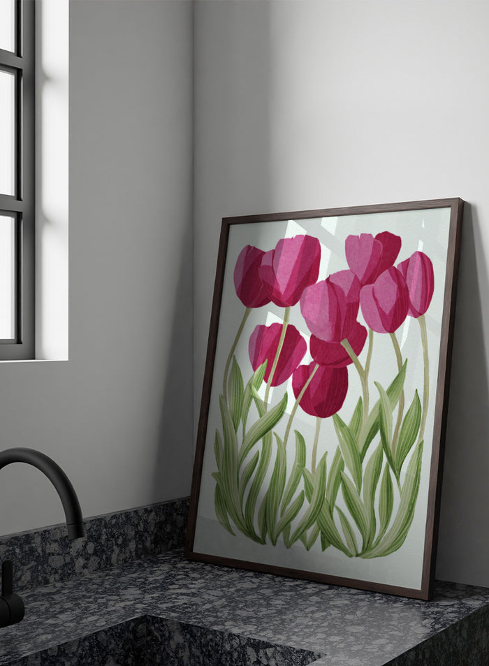 A stylized floral illustration of pink tulips with green leaves on a white background. Shop Tulips Floral Art Print by Katie O'Shea, a botanical floral art print featuring deep pink tulips, tall green leaves, and fresh spring color.