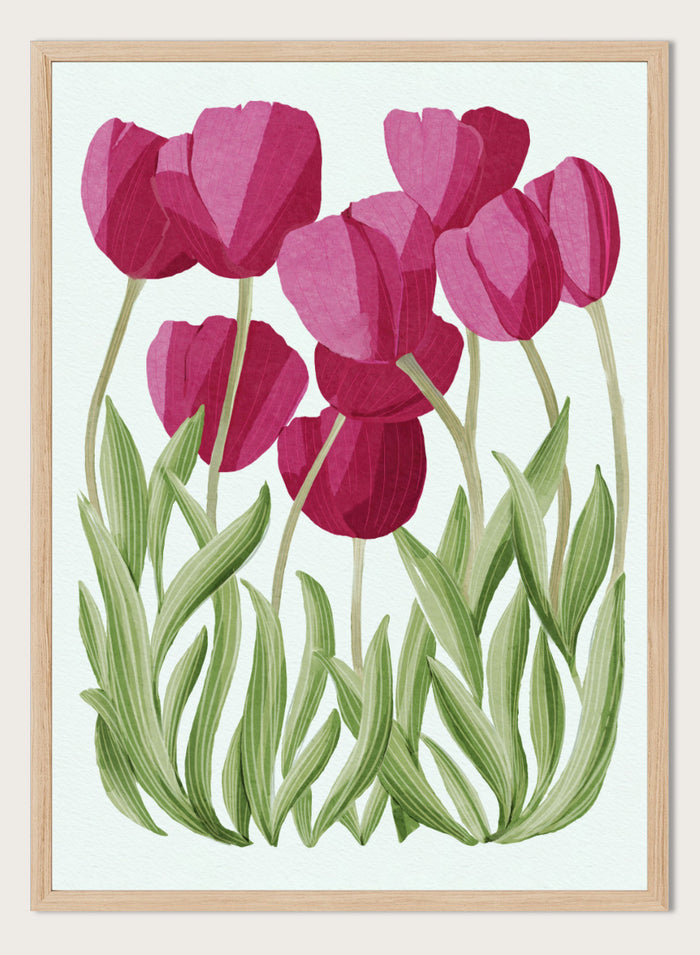 A stylized floral illustration of pink tulips with green leaves on a white background. Shop Tulips Floral Art Print by Katie O'Shea, a botanical floral art print featuring deep pink tulips, tall green leaves, and fresh spring color.