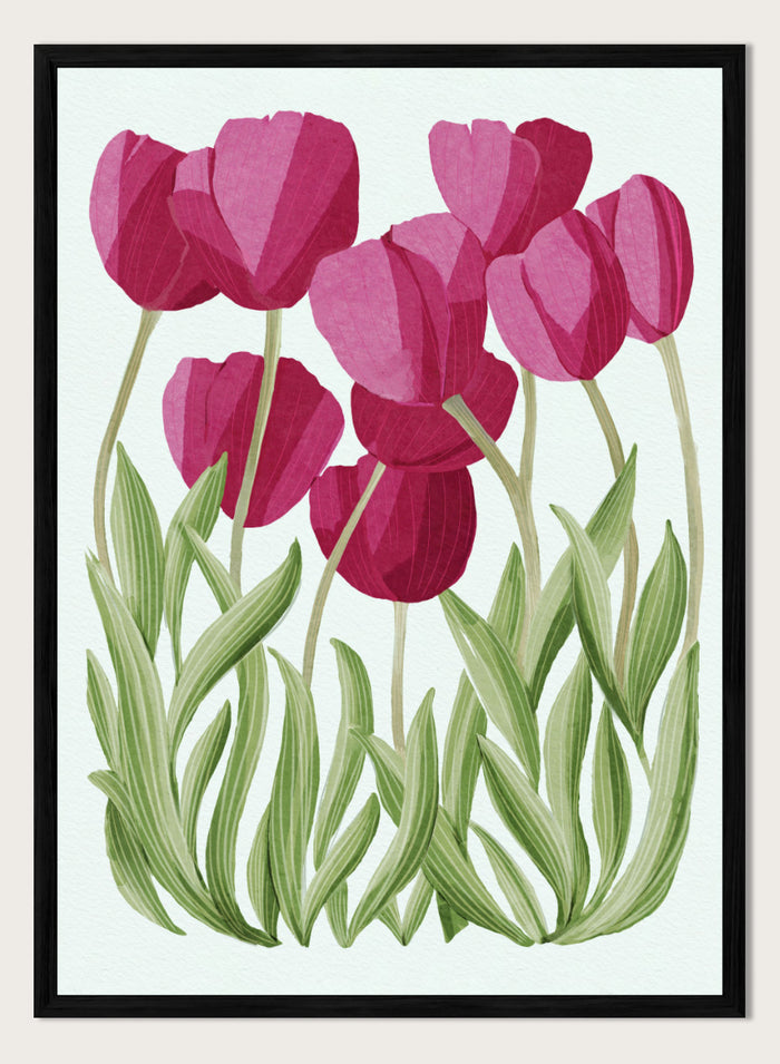 A stylized floral illustration of pink tulips with green leaves on a white background. Shop Tulips Floral Art Print by Katie O'Shea, a botanical floral art print featuring deep pink tulips, tall green leaves, and fresh spring color.