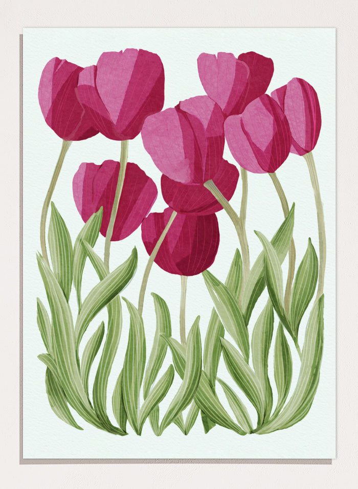 A stylized floral illustration of pink tulips with green leaves on a white background. Shop Tulips Floral Art Print by Katie O'Shea, a botanical floral art print featuring deep pink tulips, tall green leaves, and fresh spring color.