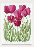 A stylized floral illustration of pink tulips with green leaves on a white background. Shop Tulips Floral Art Print by Katie O'Shea, a botanical floral art print featuring deep pink tulips, tall green leaves, and fresh spring color.