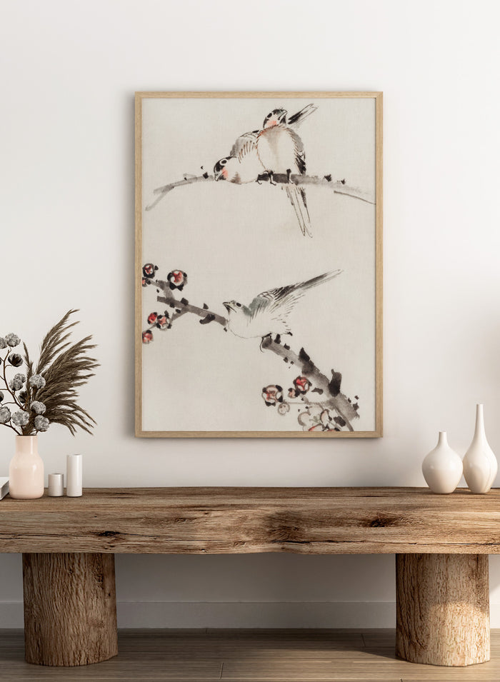 Katsushika Hokusai Three Birds Perched on Branches, One with Blossoms Art Print