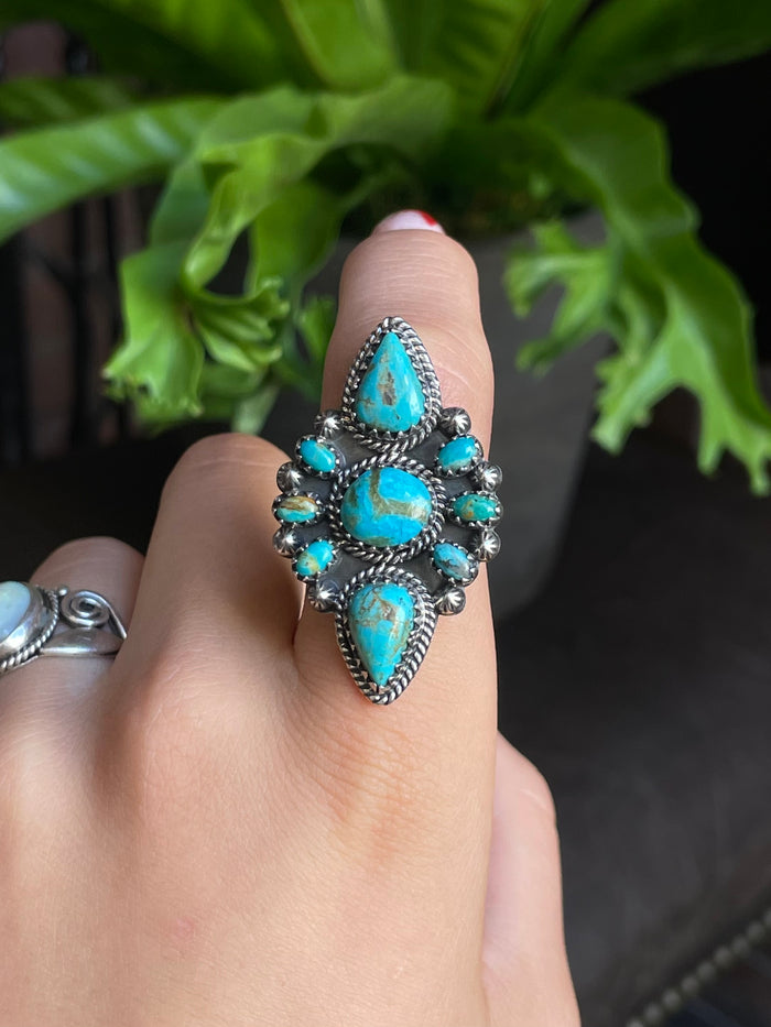 Kingman Turquoise Cluster Ring Size 8.25| 925 Sterling Silver G564