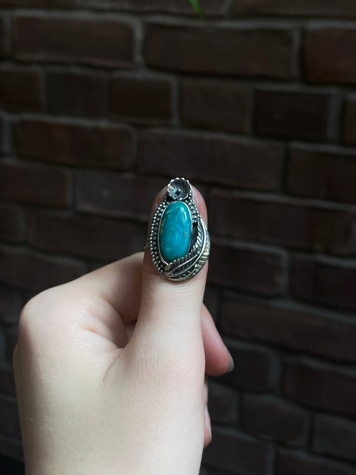 Kingman Turquoise Floral Ring | 925 Sterling Silver | Size 9 E292