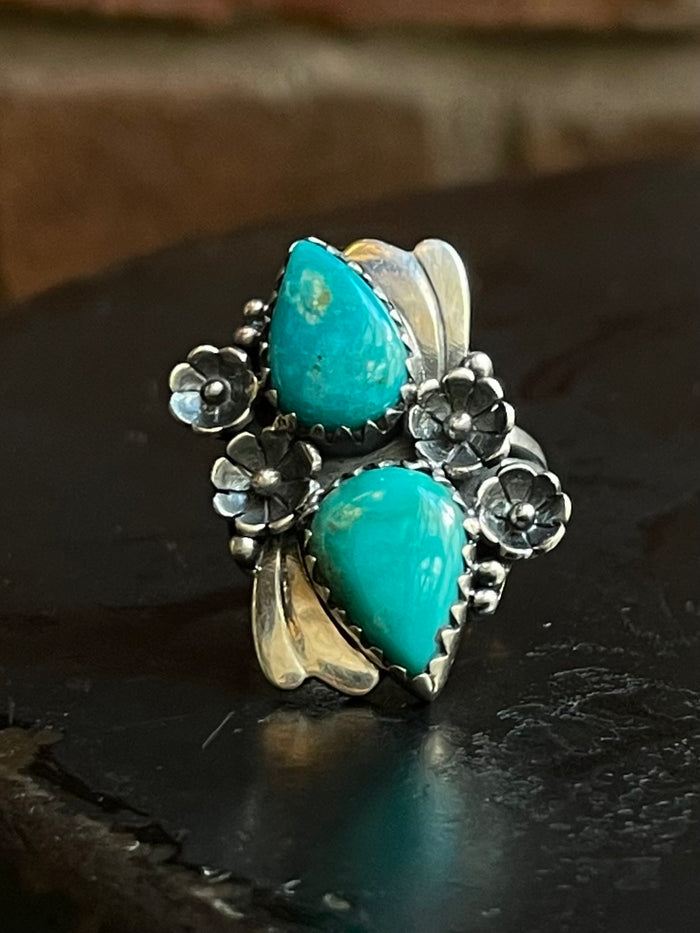 Kingman Turquoise Floral Ring Size 7.25 | 925 Sterling Silver G561