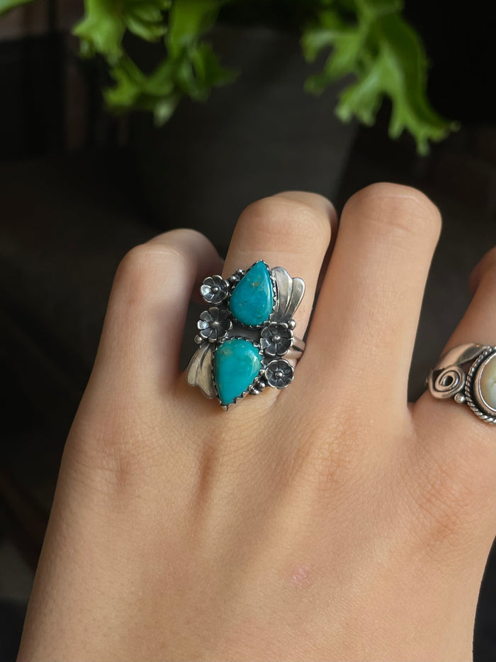 Kingman Turquoise Floral Ring Size 7.25 | 925 Sterling Silver G561