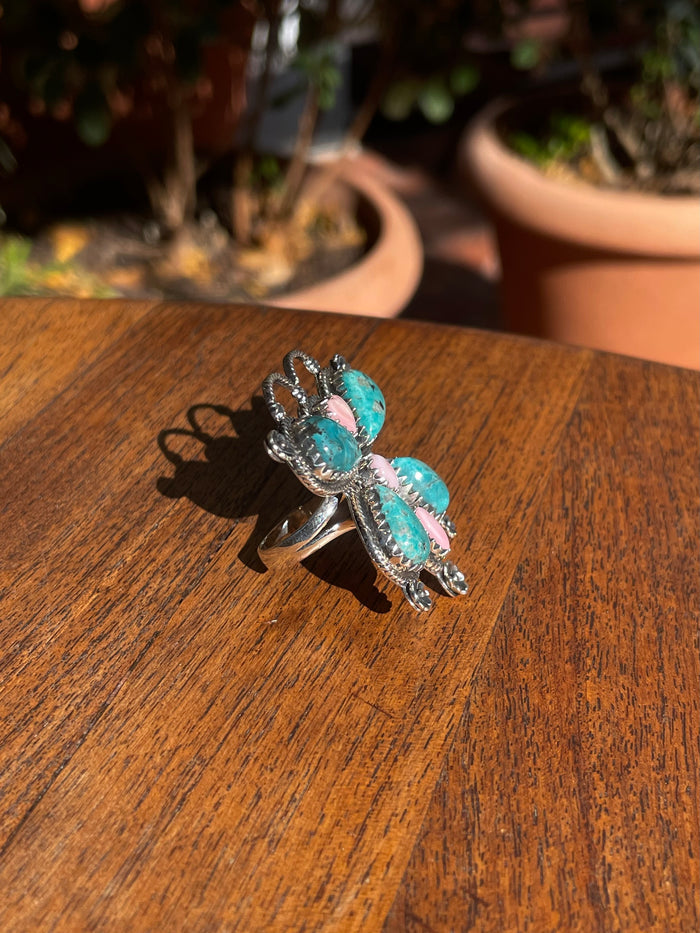 Kingman Turquoise Pink Conch Cluster Ring | Sterling Silver | Size 7 C851