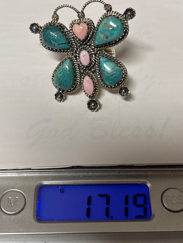 Kingman Turquoise Pink Conch Cluster Ring | Sterling Silver | Size 7 C851