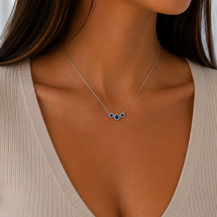 Lab Sapphire Three Stone Necklace