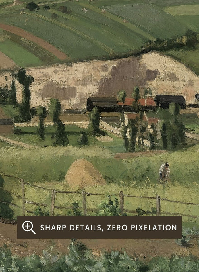 A framed landscape painting depicting a green countryside scene with rolling hills, trees, a path, small buildings, and a cloudy sky. Landscape at Les Pâtis, Pontoise by Camille Pissarro is a vintage French landscape print featuring green fields, farm workers, rolling hills, and a summer sky.