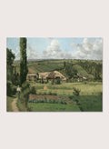 A framed landscape painting depicting a green countryside scene with rolling hills, trees, a path, small buildings, and a cloudy sky. Landscape at Les Pâtis, Pontoise by Camille Pissarro is a vintage French landscape print featuring green fields, farm workers, rolling hills, and a summer sky.