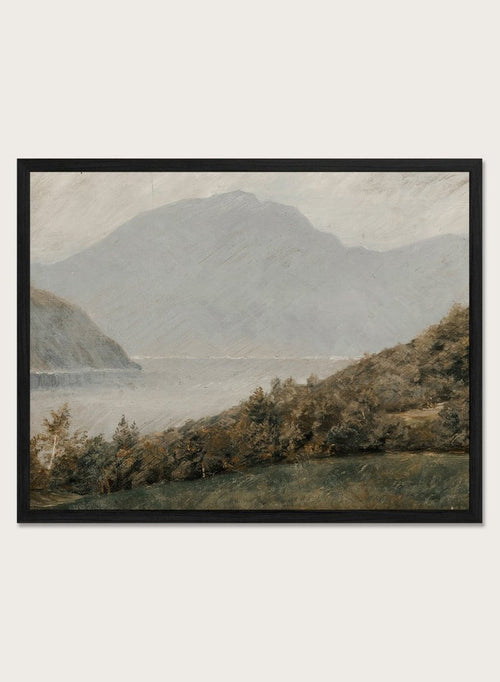 A framed landscape painting depicting a misty mountain range over a body of water with trees in the foreground. Landscape with Mountains in the Background by Susette Holten is a vintage mountain landscape print featuring a lake, misty peaks, trees, and muted natural tones.