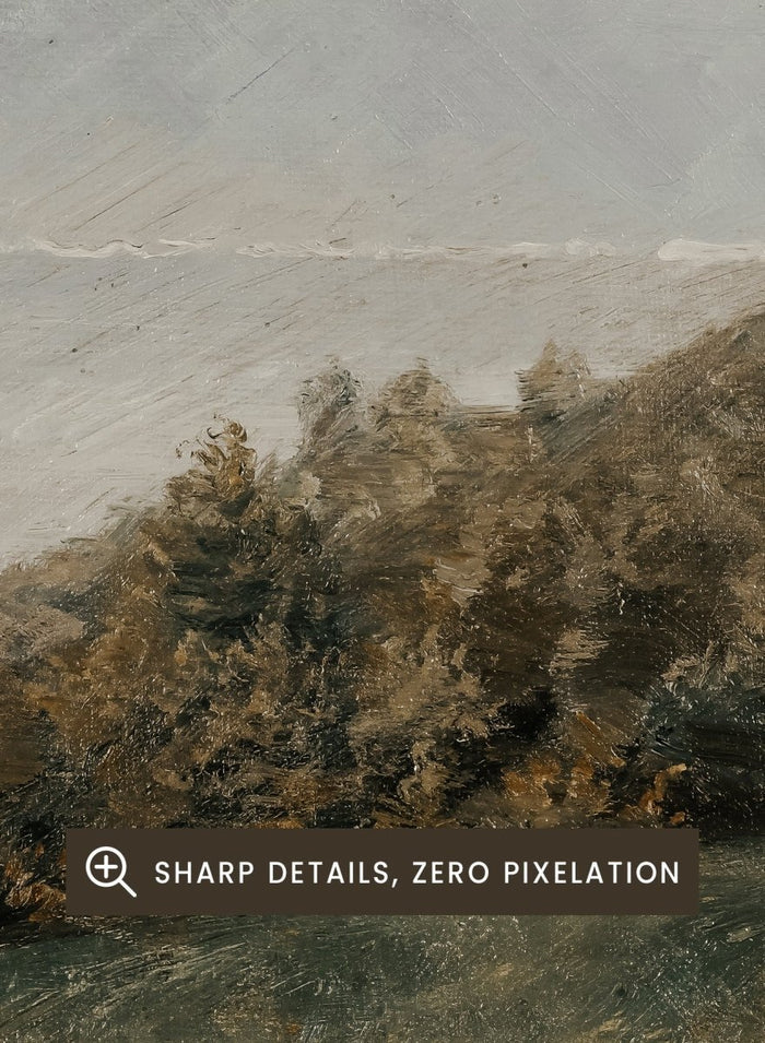 A framed landscape painting depicting a misty mountain range over a body of water with trees in the foreground. Landscape with Mountains in the Background by Susette Holten is a vintage mountain landscape print featuring a lake, misty peaks, trees, and muted natural tones.