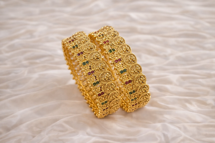 #LC1079 Antique Lakshmi temple bangles with ruby and emerald and Ruby stones