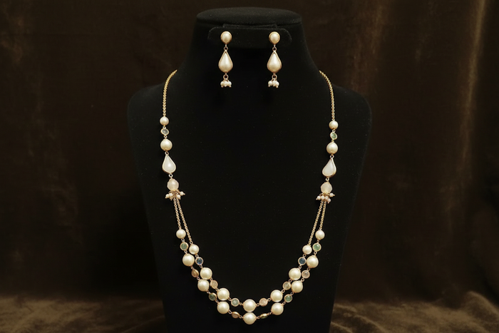 #LC1173 Multi-Stone Layered Seed Pearl Scarf Necklace