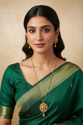 #LC1211 traditional Indian long gold-plated necklace with a detailed circular pendant, Rani Haar necklaces.