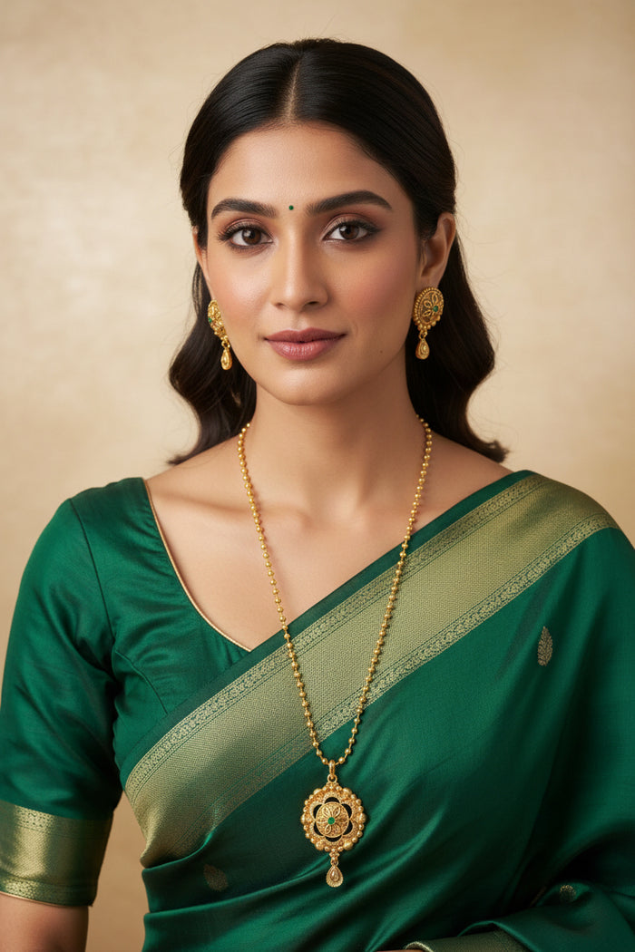 #LC1211 traditional Indian long gold-plated necklace with a detailed circular pendant, Rani Haar necklaces.