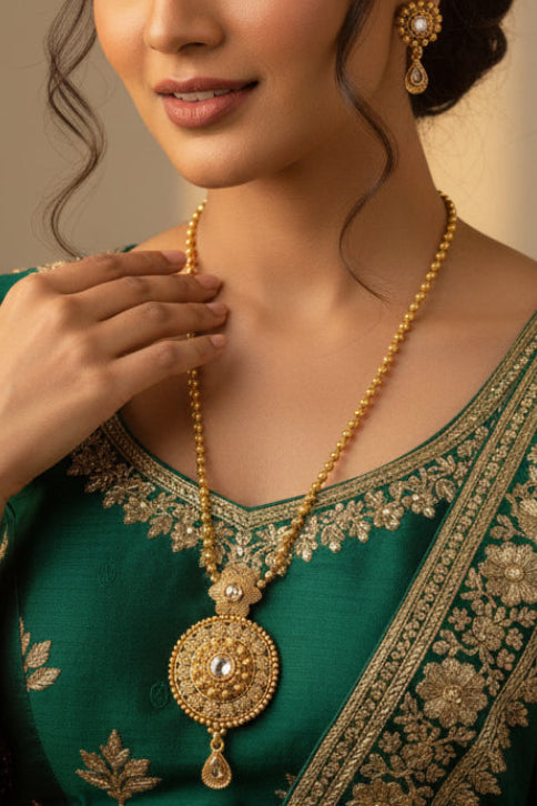 #LC1214 traditional Indian gold-plated long necklace and earring set