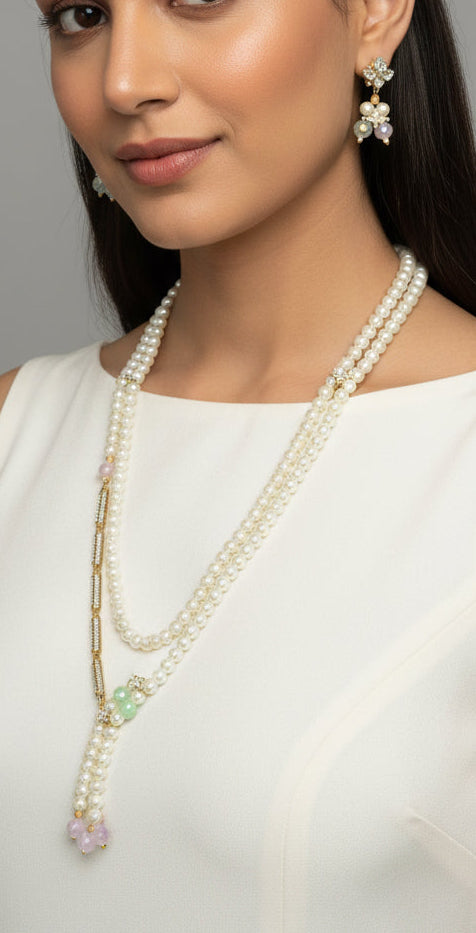 #LC1216 Hues necklace and earring set features a multi-strand pearl design