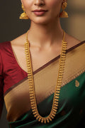 #LC1218 traditional South Indian gold-plated Kasulaperu long haram necklace set with matching jhumka earrings.