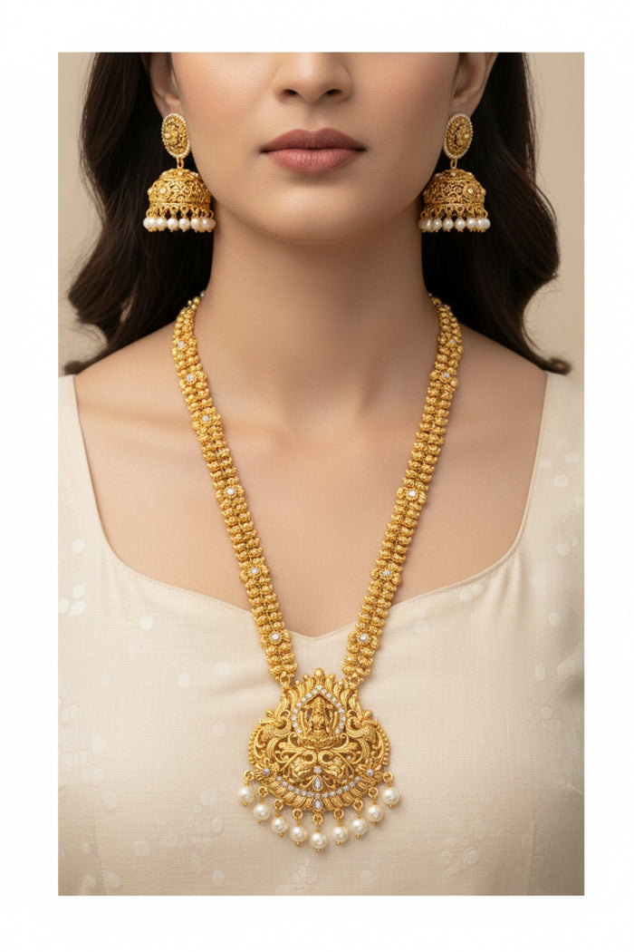 #LC1221 traditional South Indian gold-plated Lakshmi temple necklace set