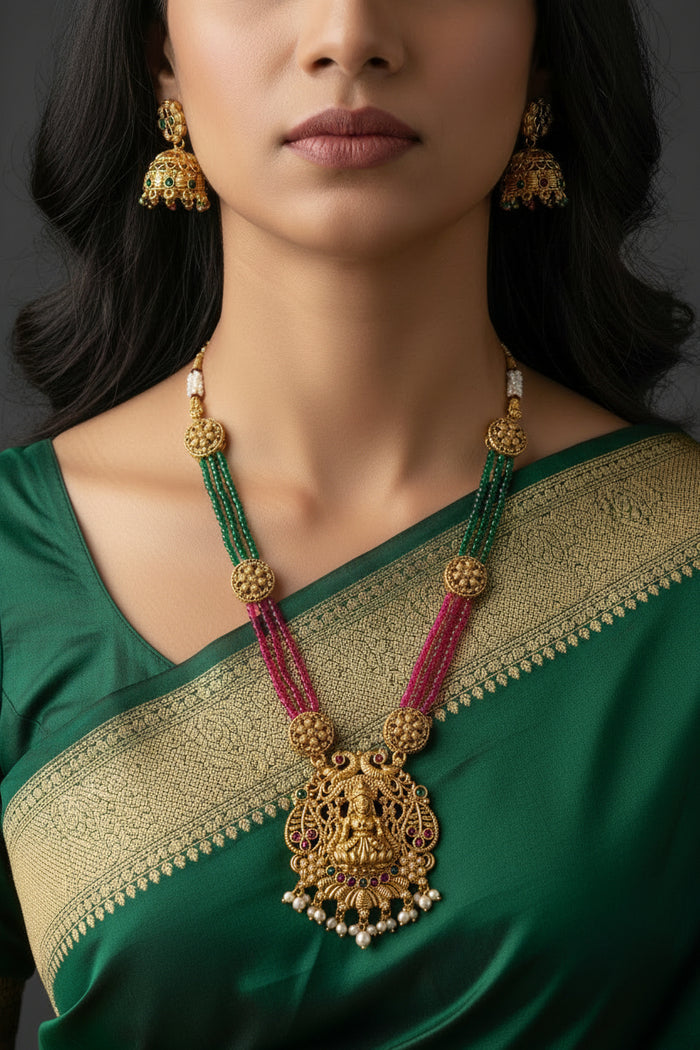 #LC1223 Lakshmi temple long haram necklace with matching jhumka earrings.
