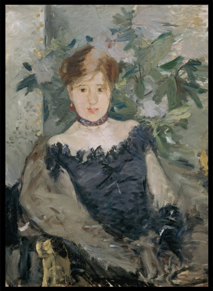 Le Corsage Noir by Berthe Morisot is a vintage Impressionist portrait print of a young woman in a black bodice, red ribbon, and white flowers behind her.