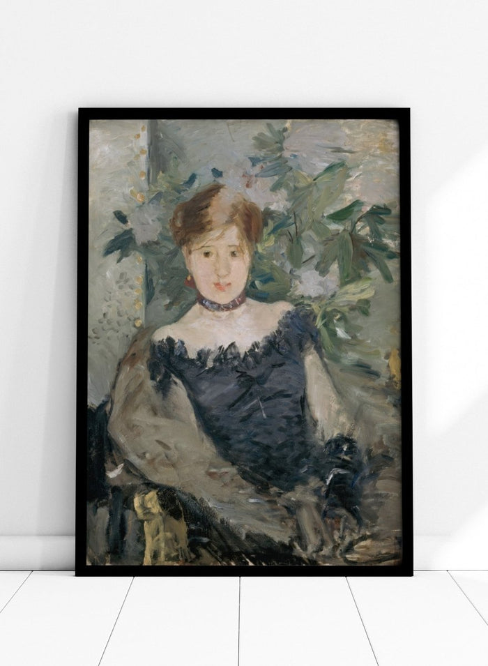 Le Corsage Noir by Berthe Morisot is a vintage Impressionist portrait print of a young woman in a black bodice, red ribbon, and white flowers behind her.