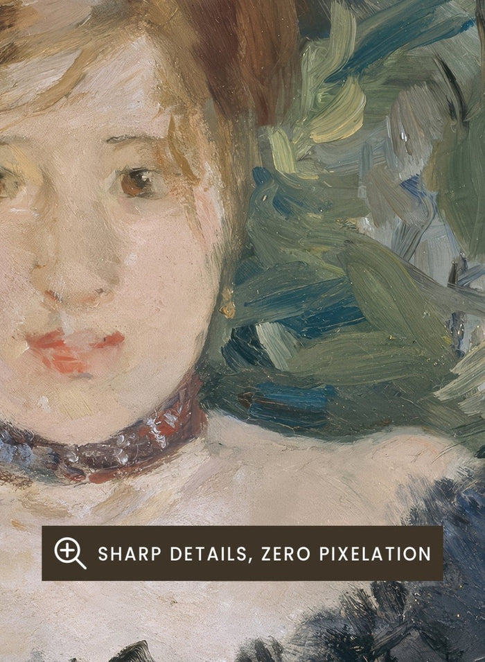 Le Corsage Noir by Berthe Morisot is a vintage Impressionist portrait print of a young woman in a black bodice, red ribbon, and white flowers behind her.