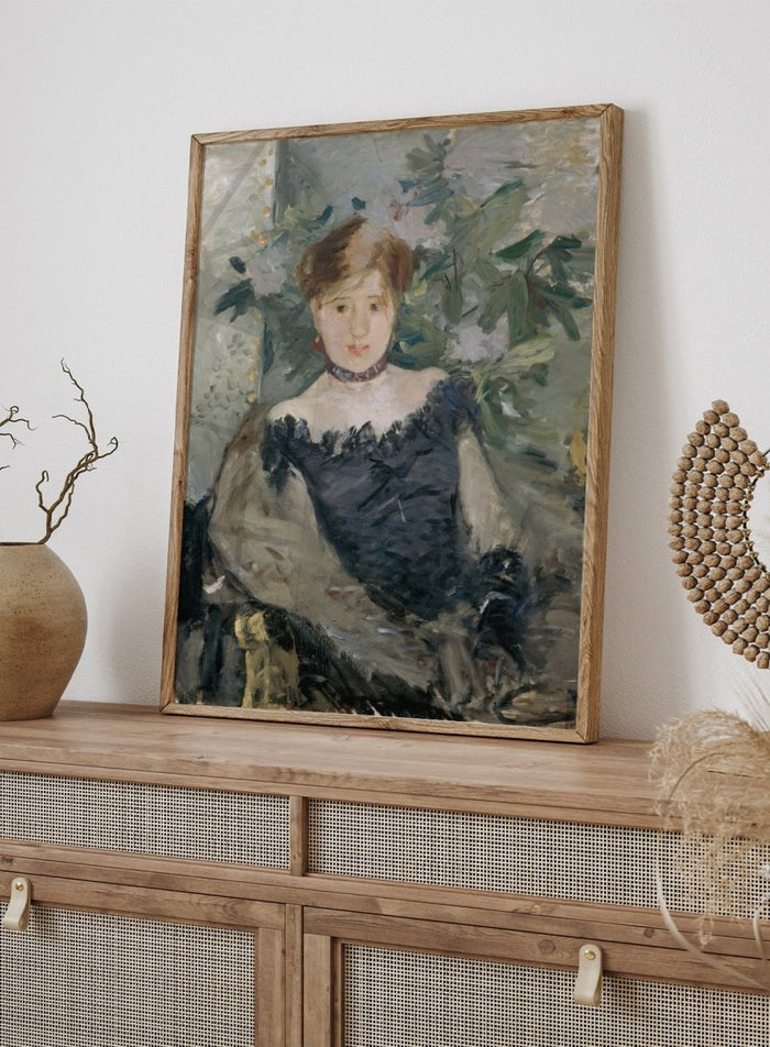 Le Corsage Noir by Berthe Morisot is a vintage Impressionist portrait print of a young woman in a black bodice, red ribbon, and white flowers behind her.