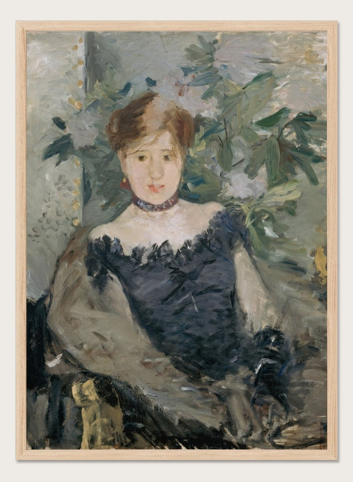 Le Corsage Noir by Berthe Morisot is a vintage Impressionist portrait print of a young woman in a black bodice, red ribbon, and white flowers behind her.