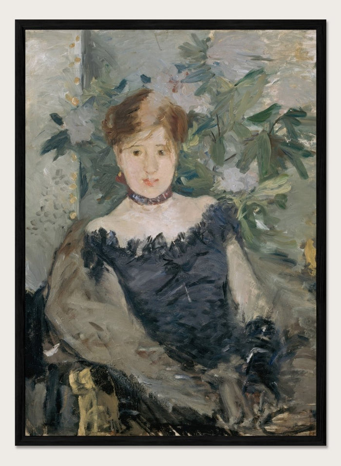 Le Corsage Noir by Berthe Morisot is a vintage Impressionist portrait print of a young woman in a black bodice, red ribbon, and white flowers behind her.