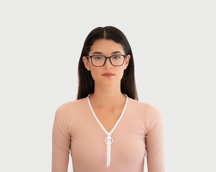 lifestyle-Charcoal::women Leo+ Eyeglasses square black plant-based plastic