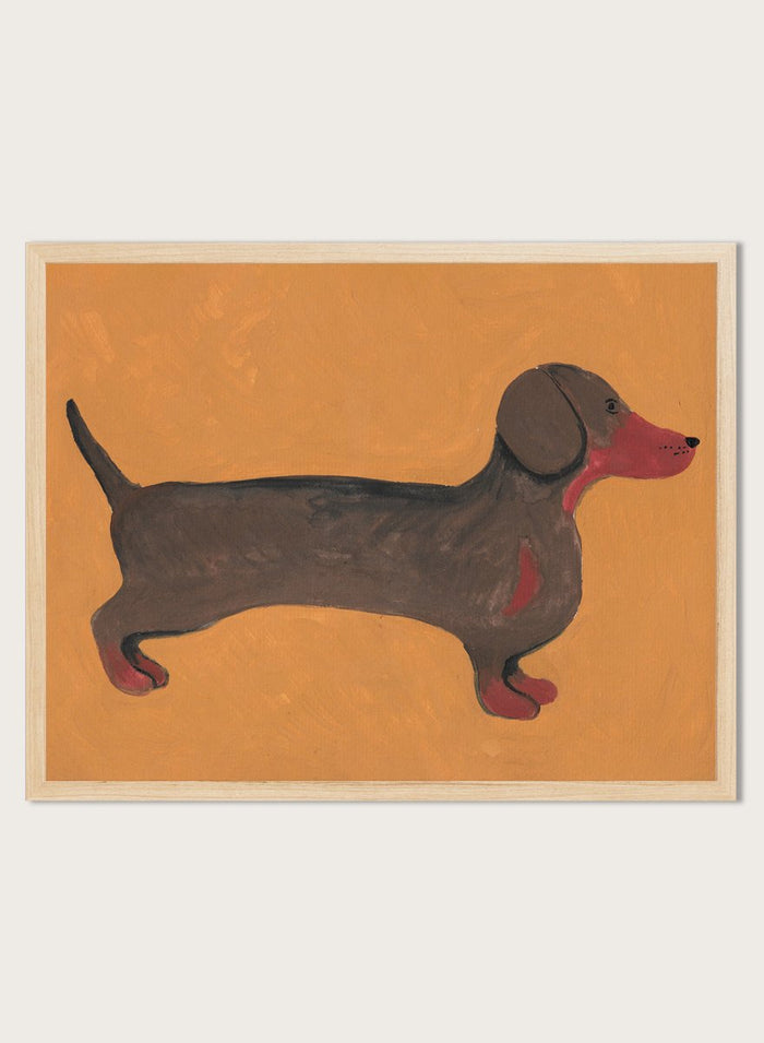 Framed artwork of a dachshund on an orange background. Sweet Dachshund Dog by Lerin Freyou is a modern dachshund art print featuring a minimal dog illustration with orange background, aesthetic animal poster design.
