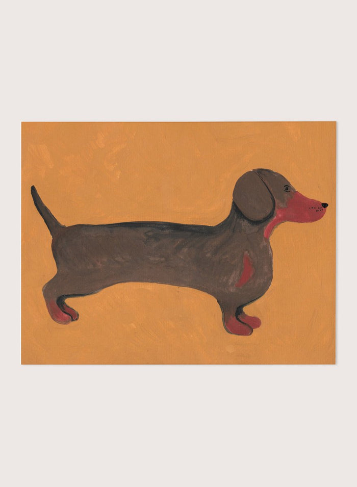 Framed artwork of a dachshund on an orange background. Sweet Dachshund Dog by Lerin Freyou is a modern dachshund art print featuring a minimal dog illustration with orange background, aesthetic animal poster design.