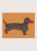Framed artwork of a dachshund on an orange background. Sweet Dachshund Dog by Lerin Freyou is a modern dachshund art print featuring a minimal dog illustration with orange background, aesthetic animal poster design.