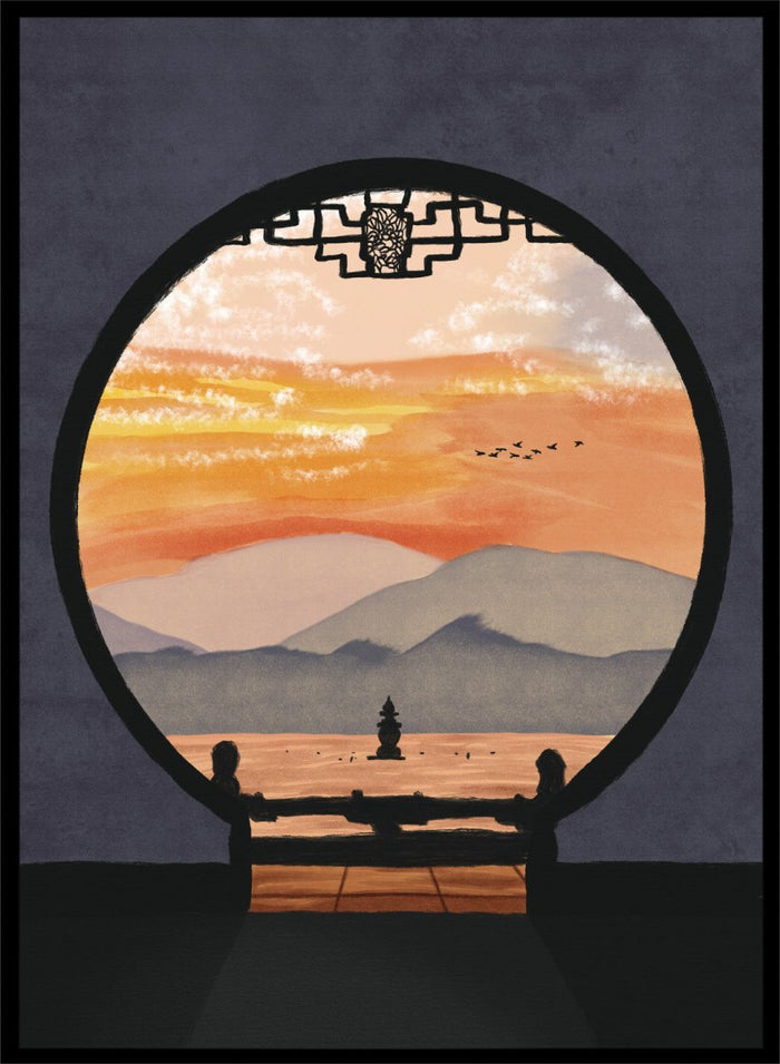 A framed art print depicting a scenic landscape viewed through a circular window frame. The scene shows layered mountains under a warm orange and yellow sunset sky with a small pagoda-like structure and birds, set against a dark gray background. Asian Pagoda Sunset View by Lisa Solomoniuk premium framed fine art print featuring layered mountains, a distant pagoda, and a glowing peach sunset.