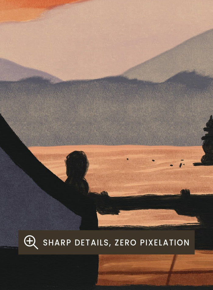 A framed art print depicting a scenic landscape viewed through a circular window frame. The scene shows layered mountains under a warm orange and yellow sunset sky with a small pagoda-like structure and birds, set against a dark gray background. Asian Pagoda Sunset View by Lisa Solomoniuk premium framed fine art print featuring layered mountains, a distant pagoda, and a glowing peach sunset.