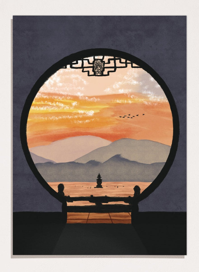 A framed art print depicting a scenic landscape viewed through a circular window frame. The scene shows layered mountains under a warm orange and yellow sunset sky with a small pagoda-like structure and birds, set against a dark gray background. Asian Pagoda Sunset View by Lisa Solomoniuk premium framed fine art print featuring layered mountains, a distant pagoda, and a glowing peach sunset.