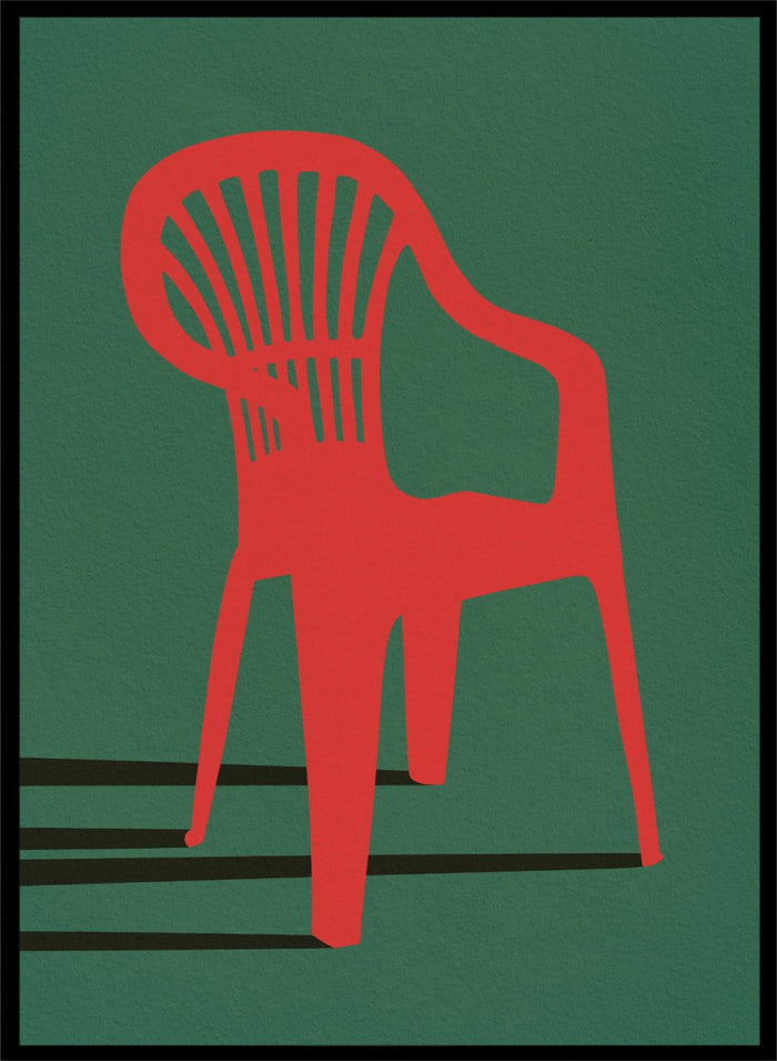 Bold Red Chair by Lisa Solomoniuk premium framed fine art print featuring a vivid red chair, deep green background, and long black shadows.