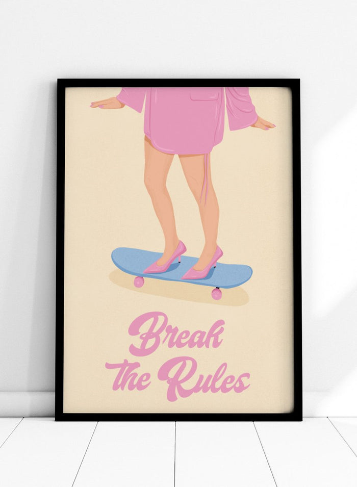 A stylized poster illustration showing a person from the waist down in a pink robe and pink heels standing on a blue skateboard with the text 'Break the Rules' below, on a cream background. Break the Rules by Lisa Solomoniuk premium framed fine art print featuring pink heels on a blue skateboard with bold retro typography.