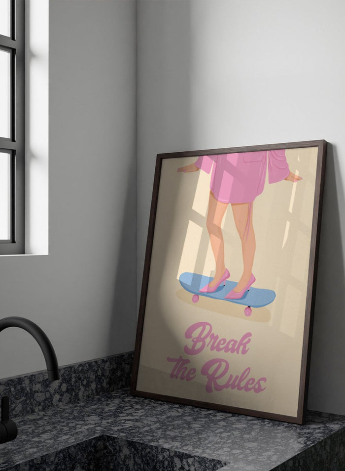 A stylized poster illustration showing a person from the waist down in a pink robe and pink heels standing on a blue skateboard with the text 'Break the Rules' below, on a cream background. Break the Rules by Lisa Solomoniuk premium framed fine art print featuring pink heels on a blue skateboard with bold retro typography.