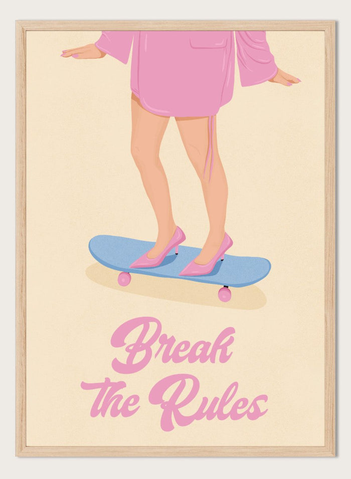 A stylized poster illustration showing a person from the waist down in a pink robe and pink heels standing on a blue skateboard with the text 'Break the Rules' below, on a cream background. Break the Rules by Lisa Solomoniuk premium framed fine art print featuring pink heels on a blue skateboard with bold retro typography.