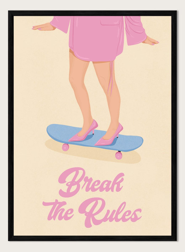 A stylized poster illustration showing a person from the waist down in a pink robe and pink heels standing on a blue skateboard with the text 'Break the Rules' below, on a cream background. Break the Rules by Lisa Solomoniuk premium framed fine art print featuring pink heels on a blue skateboard with bold retro typography.