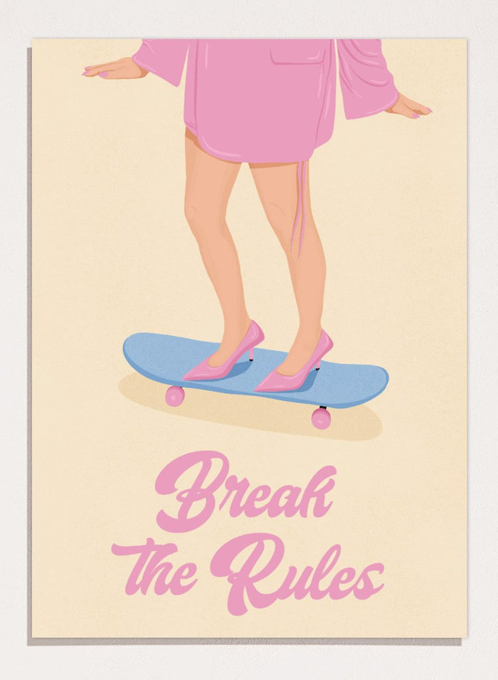 A stylized poster illustration showing a person from the waist down in a pink robe and pink heels standing on a blue skateboard with the text 'Break the Rules' below, on a cream background. Break the Rules by Lisa Solomoniuk premium framed fine art print featuring pink heels on a blue skateboard with bold retro typography.