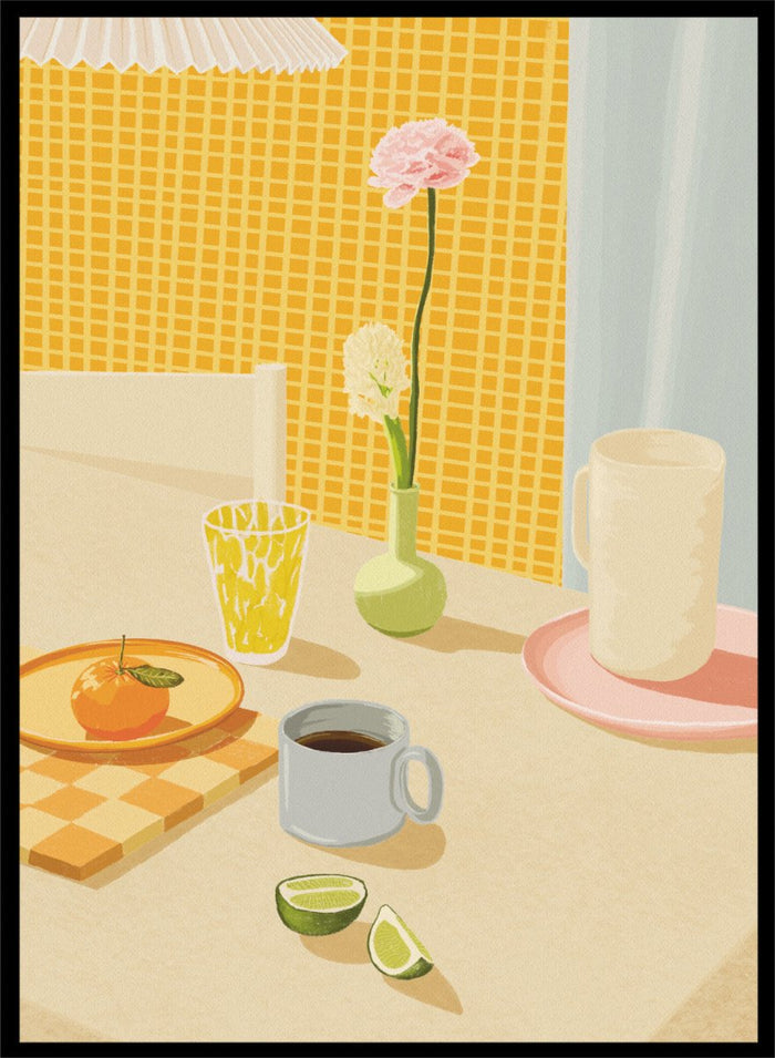 A stylized illustration of a tabletop scene with a pink flower in a small green vase, a yellow patterned glass, a white mug on a pink saucer, a gray mug of coffee, a sliced lime, and an orange on a checkered mat against a yellow tiled wall. Bright Breakfast Table by Lisa Solomoniuk premium framed fine art print featuring morning coffee, citrus fruit, flowers, and colorful tableware.