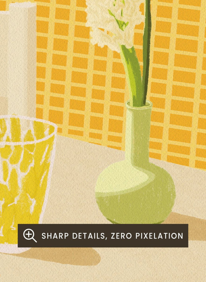 A stylized illustration of a tabletop scene with a pink flower in a small green vase, a yellow patterned glass, a white mug on a pink saucer, a gray mug of coffee, a sliced lime, and an orange on a checkered mat against a yellow tiled wall. Bright Breakfast Table by Lisa Solomoniuk premium framed fine art print featuring morning coffee, citrus fruit, flowers, and colorful tableware.