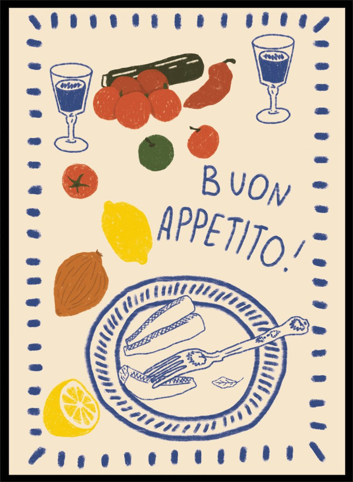 An illustrated print or card with the Italian phrase “BUON APPETITO!” in blue lettering, surrounded by hand-drawn food items including tomatoes, a lemon, an almond, a cucumber, a plate with bread and a fork, and two glasses with blue liquid. Buon Appetito Meal by Lisa Solomoniuk premium framed fine art print featuring a finished meal, wine glasses, fresh ingredients, and playful Italian lettering.