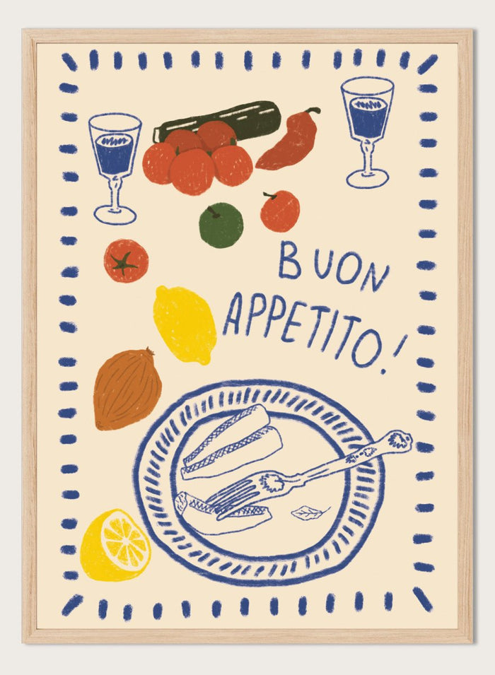 An illustrated print or card with the Italian phrase “BUON APPETITO!” in blue lettering, surrounded by hand-drawn food items including tomatoes, a lemon, an almond, a cucumber, a plate with bread and a fork, and two glasses with blue liquid. Buon Appetito Meal by Lisa Solomoniuk premium framed fine art print featuring a finished meal, wine glasses, fresh ingredients, and playful Italian lettering.