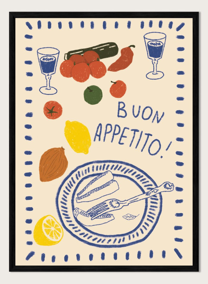 An illustrated print or card with the Italian phrase “BUON APPETITO!” in blue lettering, surrounded by hand-drawn food items including tomatoes, a lemon, an almond, a cucumber, a plate with bread and a fork, and two glasses with blue liquid. Buon Appetito Meal by Lisa Solomoniuk premium framed fine art print featuring a finished meal, wine glasses, fresh ingredients, and playful Italian lettering.